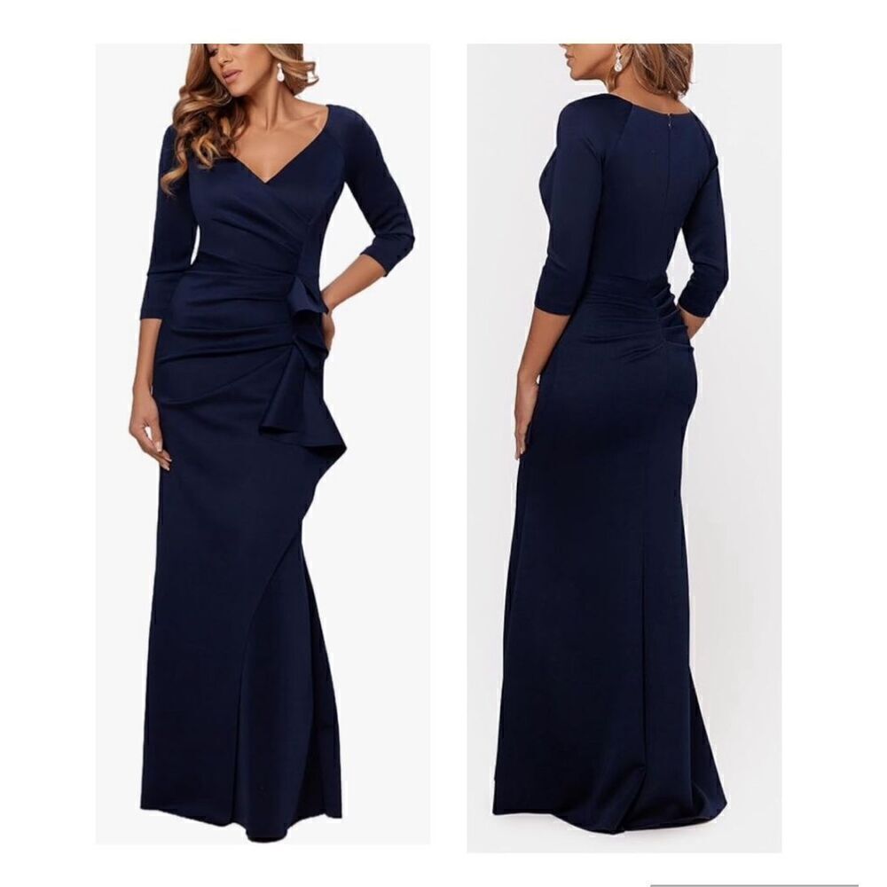 Xscape Women's Long 3/4 Sleeve V-Neck Side Ruched Gown